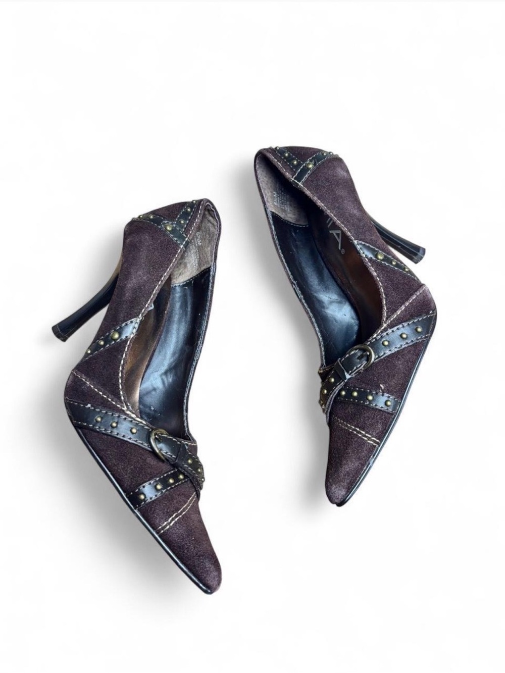 MIA Dark Brown Suede Pointed-Toe Studded Pumps